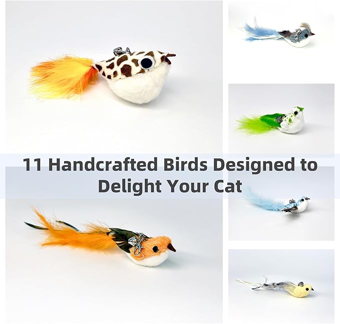 11 PCS Multi-Functional Cat Toy Replacement Heads – Realistic Handmade Bird Teasers with Bells & Detachable Clip, for Interactive Play, Indoor Enrichment & Home Decoration