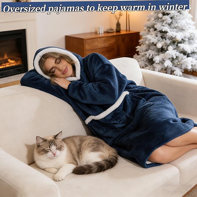 Wearable Blanket Hoodie with Giant Pocket, Soft Warm Sherpa Fleece Oversized Blanket Sweatshirt Gifts for Women Men