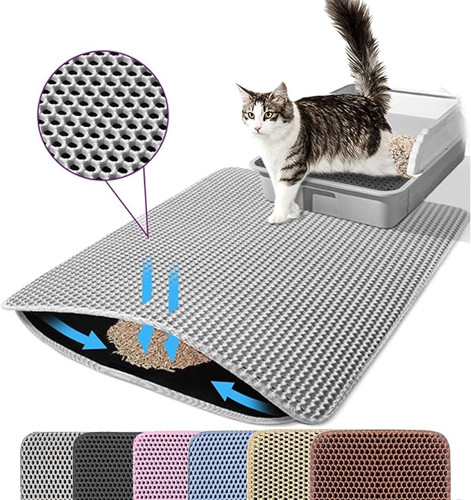 Small Cat Litter Mat, 20x14’’ Double Layer Honeycomb Cat Litter Box Mat, Non Slip Waterproof Urine Proof Litter Trapping Mat for Floor, Kitty Litter Pad, Indoor Pet Supplies, Gray