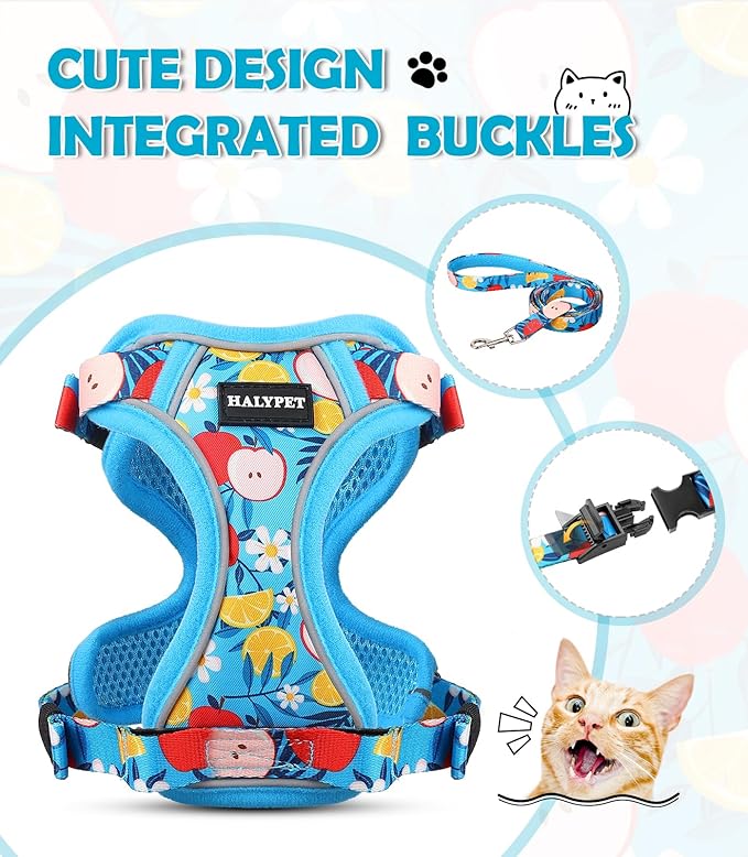 Halypet Cat Harness and Leash Set[MAX Safety 4th-Gen] Cute Escape Proof Vest Harness for Girl&Boy Cat Walking, Comfortable Adjustable Leash and Reflective Strips for Outdoor Kitten, M Azure Floral