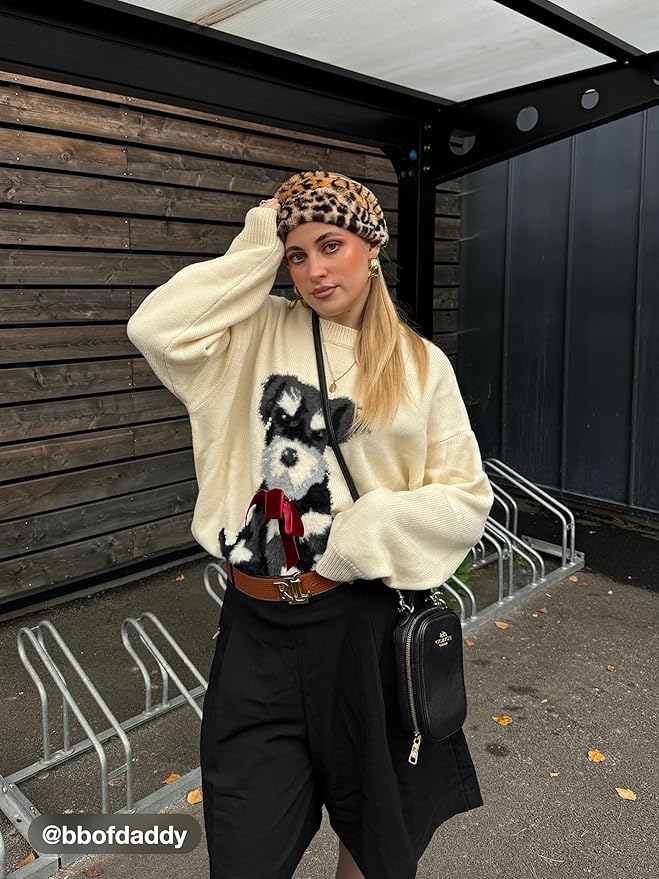 CIDER Women’s Cat Sweater Long Sleeve Crew Neck Fun Graphic Cute Patterned Chunky Pullover Sweater Tops