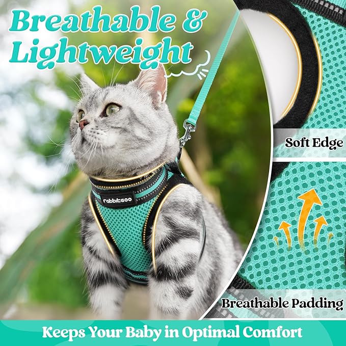 rabbitgoo Cat Harness and Leash Set for Walking Escape Proof, Adjustable Soft Kittens Vest with Reflective Strip for Cats, Comfortable Outdoor Vest, Green, XL