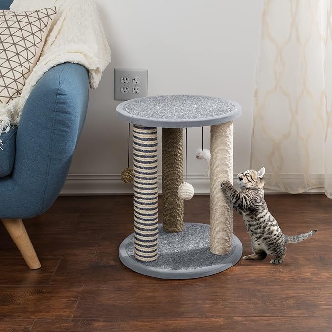 Cat Scratching Post - 3 Scratcher Posts with Carpeted Scratch Pad Base and Perch - Furniture Scratching Deterrent for Indoor Cats by PETMAKER (Gray)