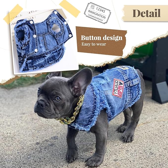 Cool Dog Jean Jacket Small Puppy Outfits Frenchie Clothes Denim Coats for Small Medium Dogs Cats Boys Girls Pet Vest Dog Shirt Clothing Doggy Costume (Blue Print, XXL（Suggest 15-20 lbs）)