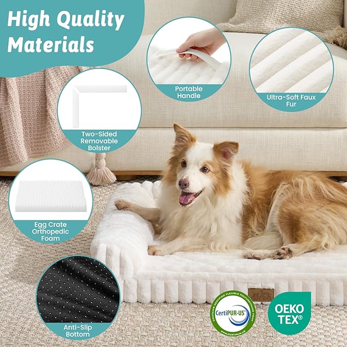 Cute Dog Bed, Faux Rabbit Fur Orthopedic Foam Dog Bed with Sides, Removable Washable Cover & Waterproof Lining, Comfortable Pet Couch for Large Dogs, Cream (44" L x 32" W x 7" Th)