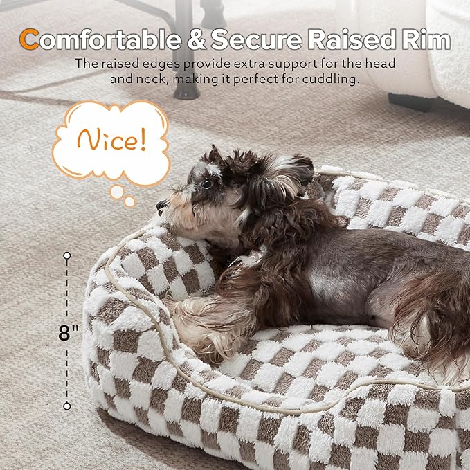 JOEJOY Dog Bed for Medium Small Dogs - Rectangle Orthopedic Dog Sofa Bed, Cute Modern Puppy Bed with Jacquard Shaggy Plush & Anti Slip Bottom, 25x21x8inches, Cofffee