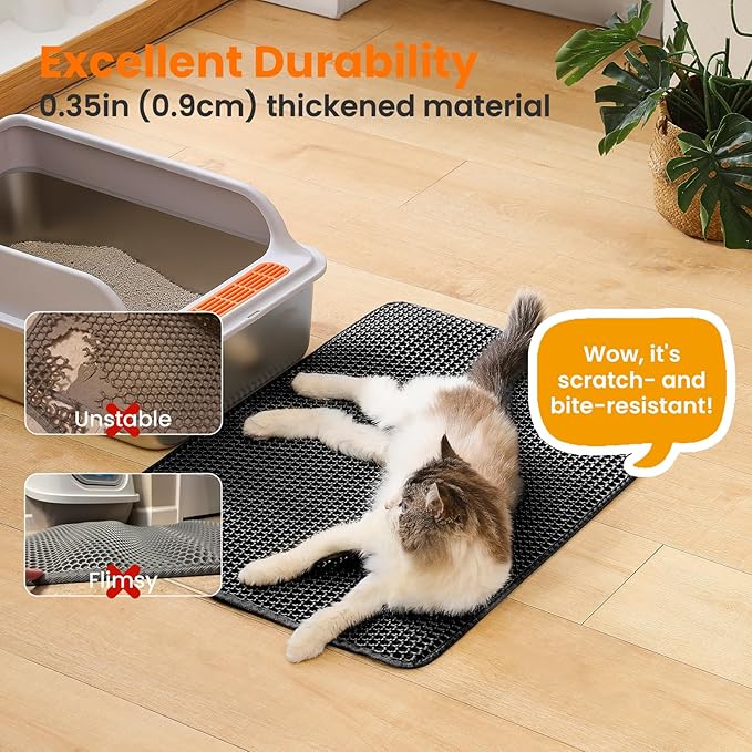 Extra Large Cat Litter Mat, 30x22 Inches Honeycomb Double Layer Cat Litter Trapping Mat, Non Slip Waterproof Urine Proof Large Kitty Litter Box Mat for Floor, Kitten Supplies, XL, Black