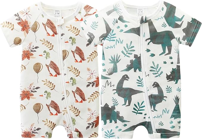 Unisex Summer Trendy 2-Pack Rompers Short Sleeve Zipped Bodysuit Infant Cotton Outfits