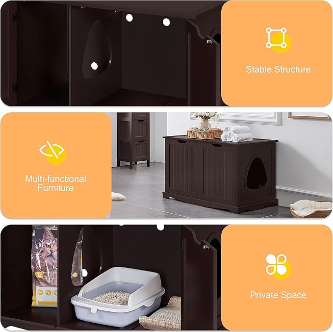 Yaheetech Cat Litter Box Enclosure, Litter Cabinet Furniture Hidden, Wooden Pet Crate Kitty Washroom Storage Bench with Divider Home Loo Indoor Cat House Espresso