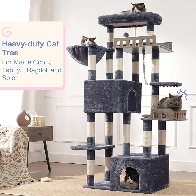 Maine Coon Cat Tree, Heavy Duty Cat Tree for Indoor Cats Large Adult, Cat Tower for Large Cats 20 lbs+ with Hammock, 2 Big Perches, 2 Cat Condos, 15 Scratching Posts, Smoky Gray GCT033G