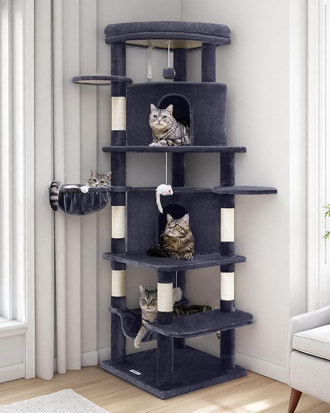 Globlazer Corner Cat Tree for Large Cats, 66inch Tall Curved Series Large Cat Tower for Multiple Indoor Cats with 6 Scratching Posts, 2 Spacious Cat Condos, Hammock, Hanging Basket, C66, Dark Grey