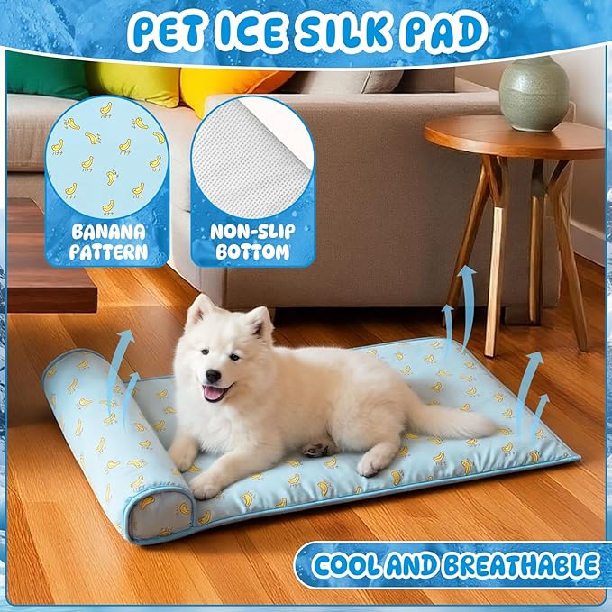 4 Pack Cooling Dog Mats with Supportive Pillow 23.6" x 31.5" Self Cooling Dog Pads Ice Silk Washable Pet Cool Mat Summer Cat Sleeping Pad with Storage Bag for Crate Bed Floor (Large, Blue)