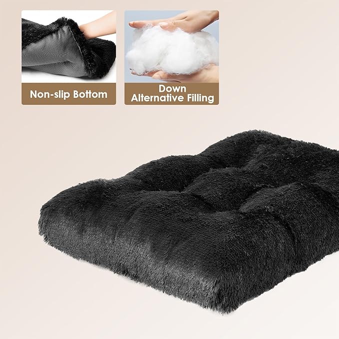 EHEYCIGA Fluffy Dog Crate Bed for Medium Dogs, Plush Faux Fur Crate Pad, Calming Anti Anxiety Medium Dog Bed, Washable Soft Warm Crate Mat with Non-Slip Bottom, Black
