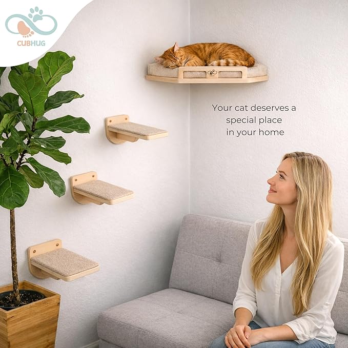 Cat Wall Shelves for Cats & Kitten – Solid Wood Cozy Corner Bed + Cushion with 2 Washable Covers +3 Wooden Steps, Safe Haven for Indoor Cats, Cat Shelves for Wall, Wood Color