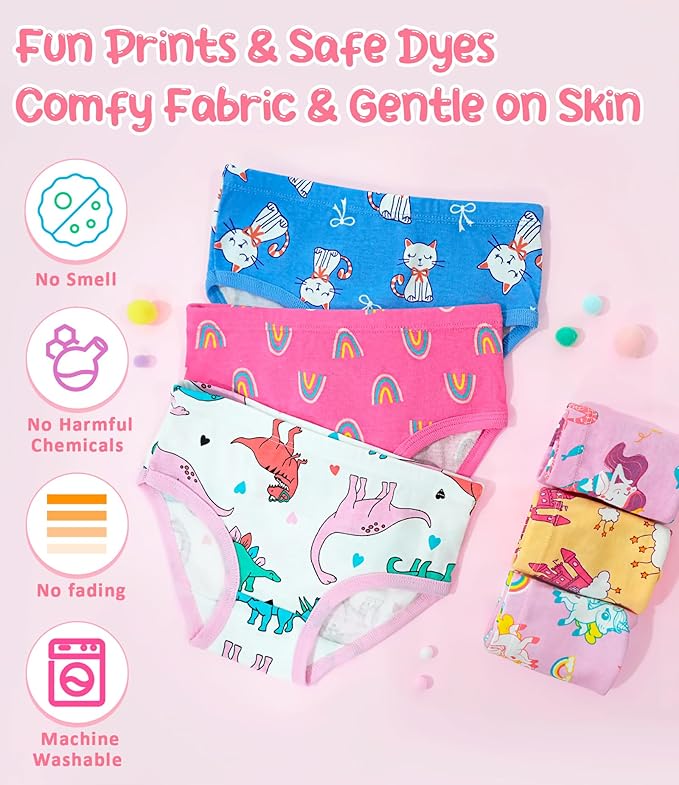 Girls and Toddlers 100% Cotton Underwear Tagless Soft Panties Size 2-3T,4-5T,6,8,10,12 (6-Pack)