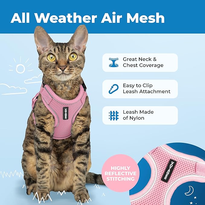 Voyager Escape-Proof Step-in Lock Cat Harness & 5ft Neoprene-Handle Leash Set All-Weather Mesh with Reflective Stitching for Small to Large Cats by Best Pet Supplies, Pink (327), XS