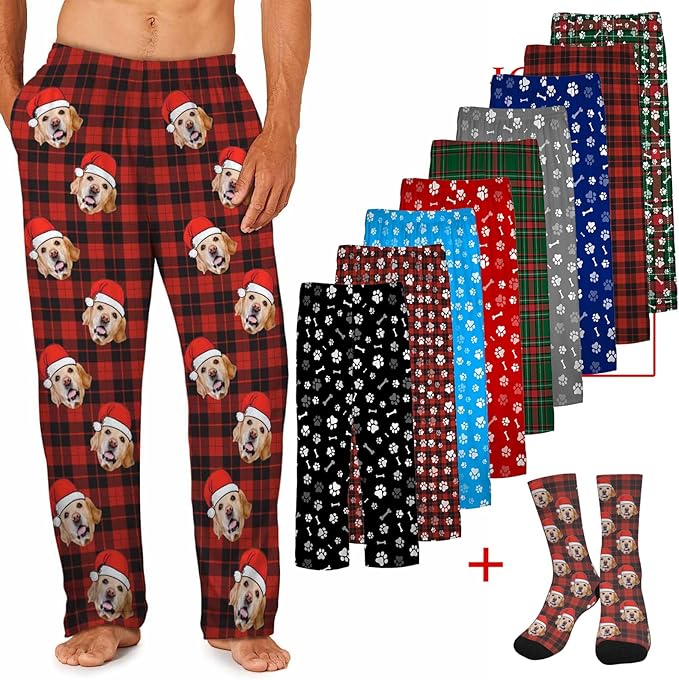 MyPupSocks Custom Pajama Pants for Pet Lover, Personalized Photo Face Printed Pajama Bottoms Sleepwear with Pockets
