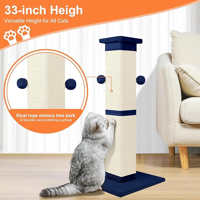 Cat Scratching Post 33 Inch Nature Sisal Scratch Post for Indoor Cats, Large Cat Scratcher Protect Your Furniture, for All Breeds Blue