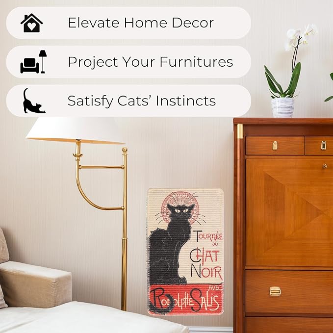 Sisal Cat Scratcher Mat (Use on Wall, Couch and Carpet), Durable and Shedding-Resistant Cat Scratching Surface - 21.7x13 inch with Adhesives and Twist Pins (The Black Cat Vintage Poster)