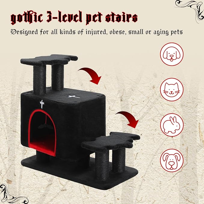 Gothic 3-in-1 Dog Stairs & Cat Scratching Post with Condo - Pet Steps for High Beds, Sofa & Couch, 3-Tier Cat Tower with Sisal Scratching Pad for Small Dogs, Cats & Kittens, Black