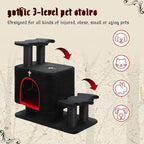 Gothic 3-in-1 Dog Stairs & Cat Scratching Post with Condo - Pet Steps for High Beds, Sofa & Couch, 3-Tier Cat Tower with Sisal Scratching Pad for Small Dogs, Cats & Kittens, Black
