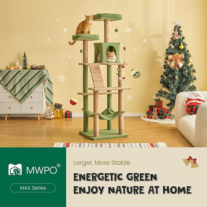 MWPO 70.1-Inch Green Large Cat Tree, Multi-Level Tall Cat Tower for Indoor Cats, Plush Cat Condo with Big Padded Perches, Sisal-Covered Scratching Posts, Hammock, Toys for Kittens & Cats