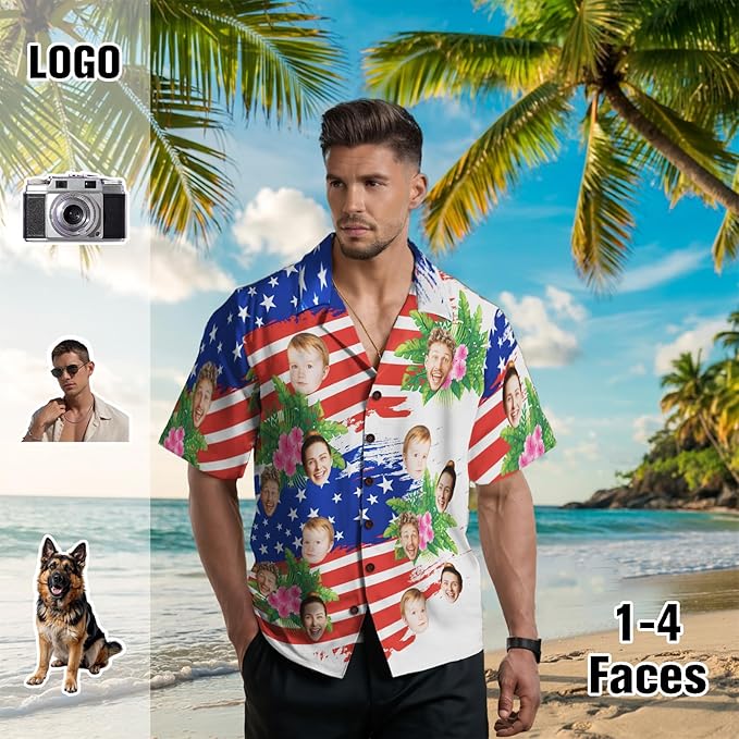 Custom Hawaiian Shirt with Face for Men, Unisex Tropical Beach Shirts Personalized Casual Funny Hawaii Button Down Shirts