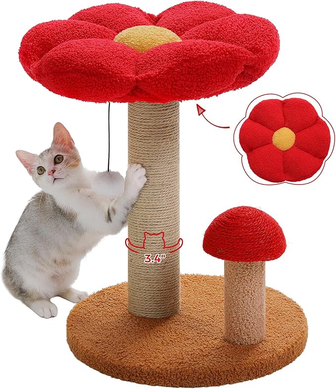 PETEPELA Cat Scratching Post, Mushroom Cat Scratcher Cute Cat Tree Tower with Thick Scratching Post & Removable Flower Cats Bed [Dia=15.7''], Tall Post for Kittens and Indoor Small, Brown