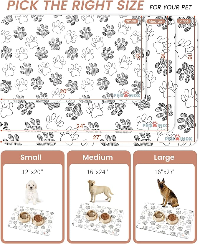 Cat Dog Food Mat, Rapid Water Absorption Dog Mat for Food and Water,100% Waterproof Cat Dog Bowl Mat,16"x24"-White