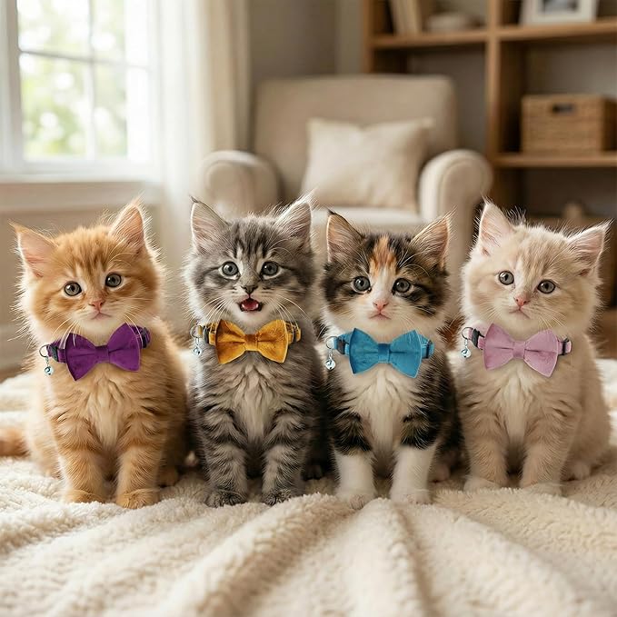 Leezmark 6 Pack Cat Collars with Bow Tie and Bell, Velvet Cat Collars with Bowtie, Adjustable 7-11 inch Cat Bow Tie Collar for Kitty Kitten Adult Cats, Pet Supplies Accessories
