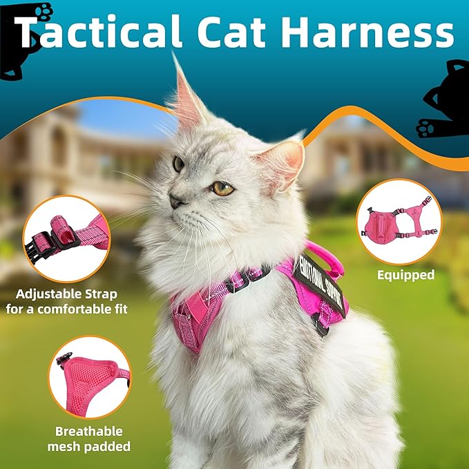 Tactical Cat Harness and Leash Pink for Walking Esacpe Proof, Adjustable Soft Mesh Large Cat Vest with Handle Easy to Control,Molle Patches L
