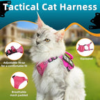 Tactical Cat Harness and Leash Pink for Walking Esacpe Proof, Adjustable Soft Mesh Large Cat Vest with Handle Easy to Control,Molle Patches L