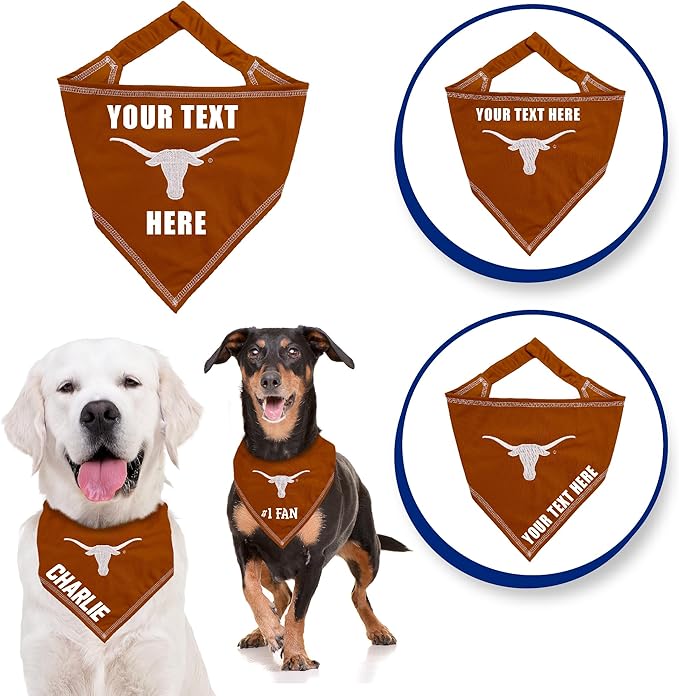 NCAA Texas Longhorns Personalized Tie Bandana for Dogs & Cats, Size Large/X-Large. Custom Dog Cat Scarf Bib for Pet. Ultimate Game-Day & Party Customizable Bandana