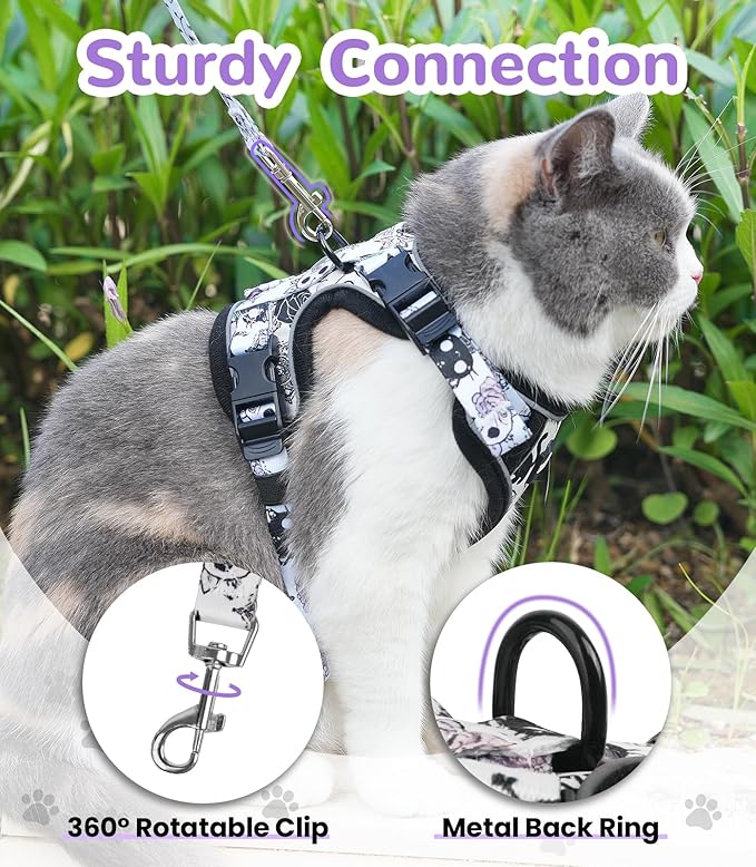 Halypet Cat Harness and Leash Set for Walking, Escape Proof Adjustable Vest Harness with 3-in-1 Integrated Buckles, Easy Control Soft Breathable Mesh with Reflective Strips for Cats, S, Moonlight Meow