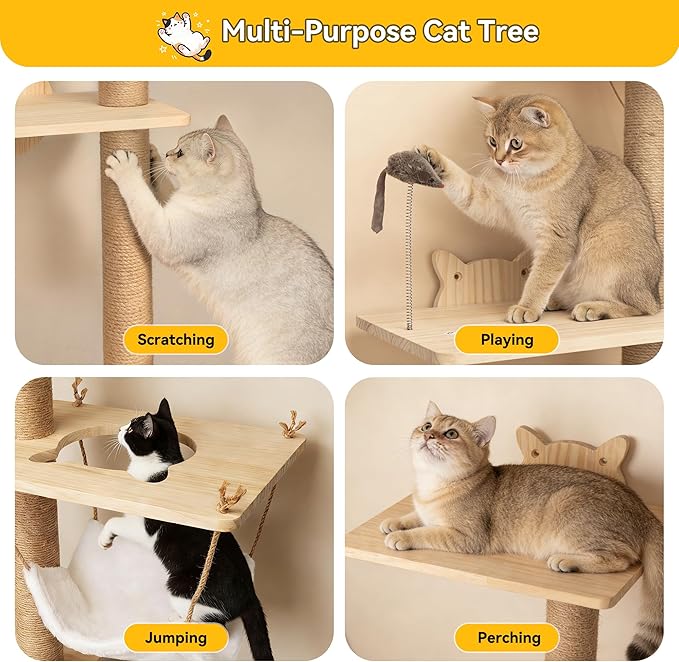 COZIWOW Cat Tree Wall Mounted 4 Tier Cats Climbing Tower 69" Sisal Scratching Post, Cat Wall Shelves Kitten Furniture with Hammock Hanging Toys Wild Simulation, Large Perch Suitable for Lookout