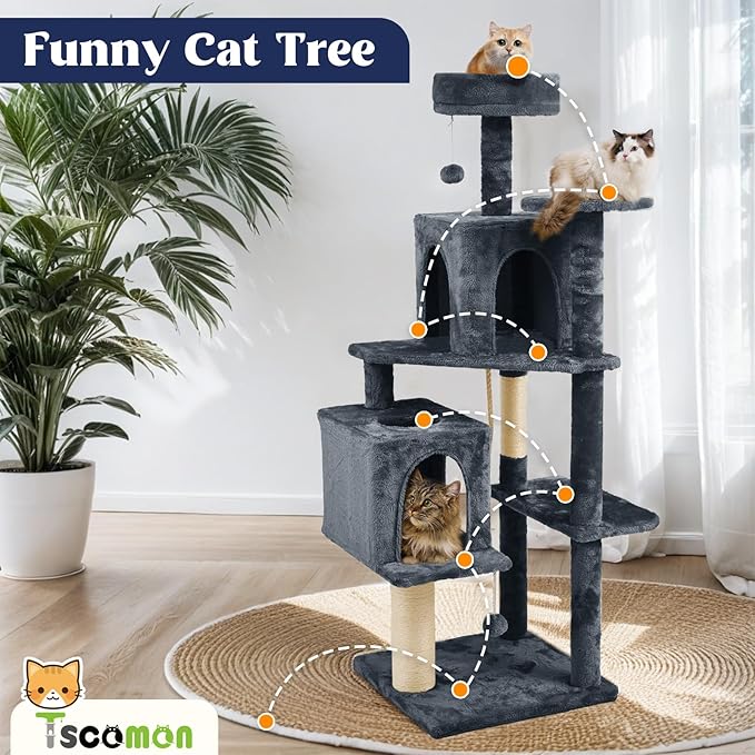 58.5inch Large Cat Tree Tower Condo for Indoor Cats, Soft Plush Multi-Level Climbing Tree Cat House, Scratching Post, More Entrance/Exit, Sisal Rope, Black Grey