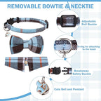 Cat Collar with Bells Breakaway, Bowtie Cat Collar for Boy Girl Cats with Removable Shirt Collar, Cute Plaid Kitten Collar with Bell & Pendant Adjustable, 2 Pack Blue Cat Necklace for Cat Pet