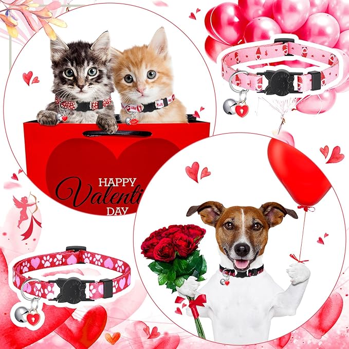 8 Pcs St. Patrick's Day Adjustable Cat Collar Easter Cat Collar with Bell Plastic Buckle Valentines Holiday Puppy Gift for Pet Kitten Puppy(Heart)