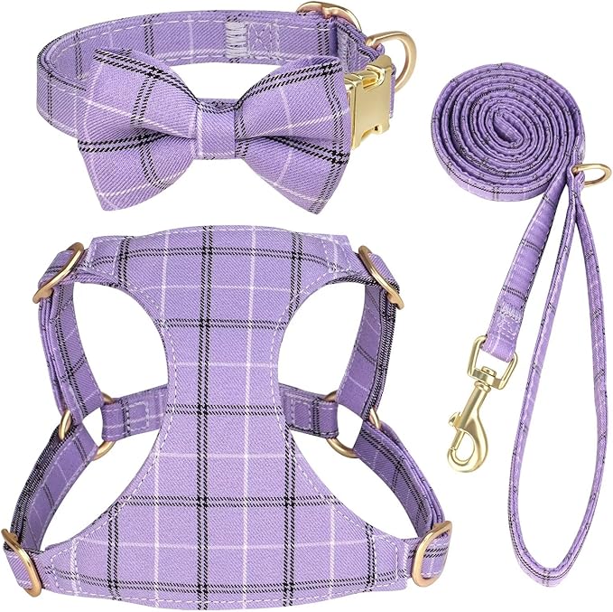 Beirui Cute Extra Small Dog Harness Collar and Leash Set with Bowtie, Soft Adjustable Plaid Puppy Harness for Small Sized Dogs Cats Walks Parties and Photoshoots(Purple,XS:Chest 13-18")