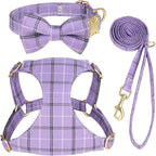Beirui Cute Extra Small Dog Harness Collar and Leash Set with Bowtie, Soft Adjustable Plaid Puppy Harness for Small Sized Dogs Cats Walks Parties and Photoshoots(Purple,XS:Chest 13-18")