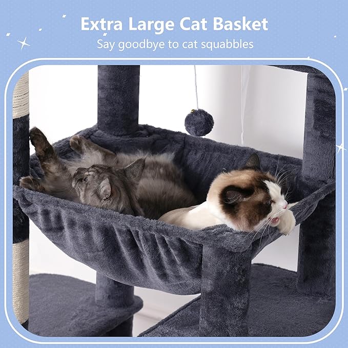 Hey-brother Tall Cat Tree Tower, Heavy Duty Scratching Posts with Large Platforms, Cozy Condos, Big Hammock, Toy Balls, Multi-Level Furniture for Indoor Adult Cats, 80.7 Inches, Smoky Gray MPJ039G