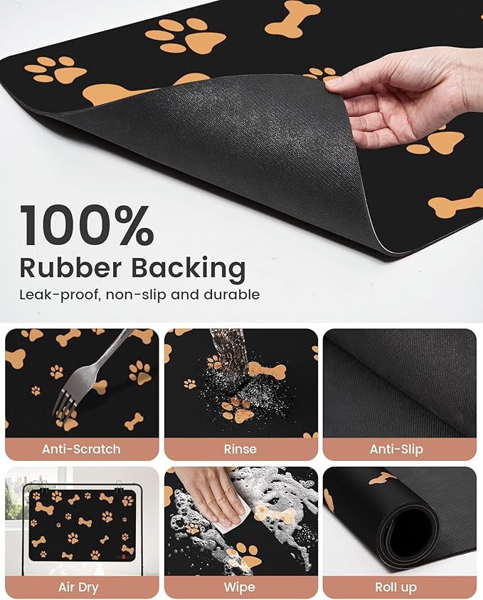 Cat Dog Food Mat, Rapid Water Absorption Dog Mat for Food and Water,100% Waterproof Cat Dog Bowl Mat,16"x24"-Black