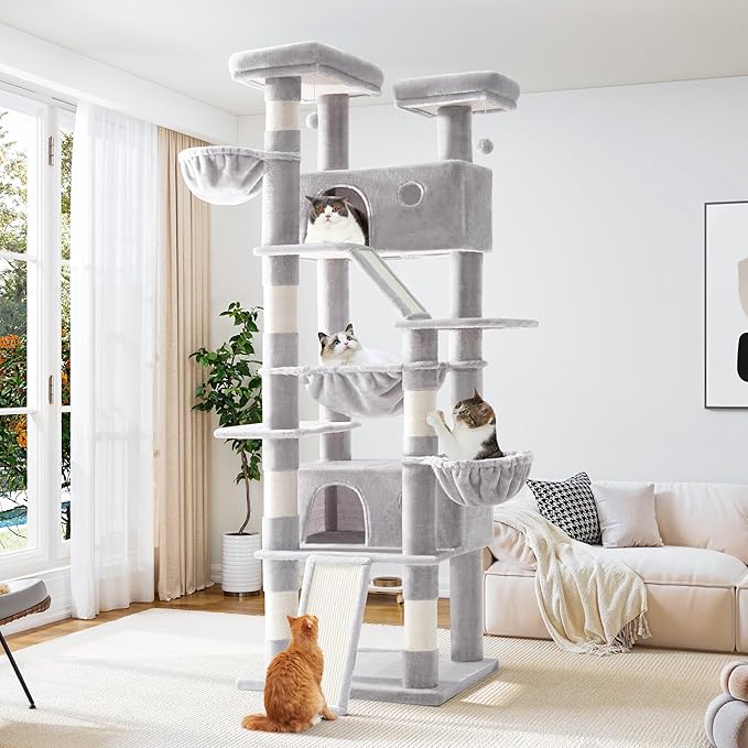 Allewie 81 Inches Tall Cat Tree/Multi-Level Large Climbing Tree House and Towers for Big Feline/Condo and Hammock/Scratching Post/Wide Base/Grey
