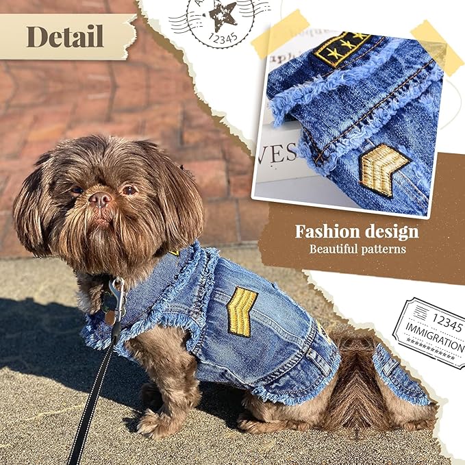 Cool Dog Jean Jacket Small Puppy Outfits Frenchie Clothes Denim Coats for Small Medium Dogs Cats Boys Girls Pet Vest Dog Shirt Clothing Doggy Costume (Blue Print, S（Suggest 4-6 lbs）)