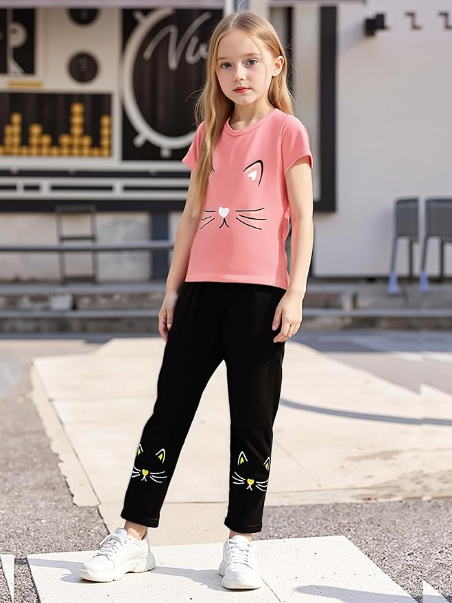 4-8T Toddler Girl Clothes Cat face print Short Sleeve Top+Pants Outfits Girl Spring and summer 2-Piece Set