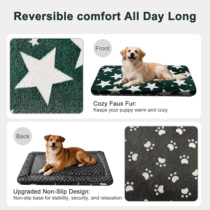 Washable Dog Bed Plush Orthopedic Outdoor Crate Mat with Non-Slip Bottom,Luxe Soft Kennel Pad for Pets, Cozy Cage Cushion & Pet Sleeping Mattress Large Sized,Medium,Small Dogs,30x20 inch,Green