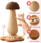 Mushroom Cat Scratching Post Cat Tree, 21.5‘’ H Cute Cat Scratcher Tower with Durable Solid Wood Turntable Toy, Acorn Brown Mushroom Scratch Post Cat Sisal Scratcher with Catnip for Indoor Cats