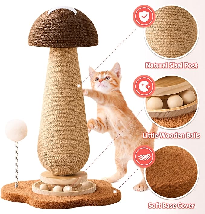 Mushroom Cat Scratching Post Cat Tree, 21.5‘’ H Cute Cat Scratcher Tower with Durable Solid Wood Turntable Toy, Acorn Brown Mushroom Scratch Post Cat Sisal Scratcher with Catnip for Indoor Cats
