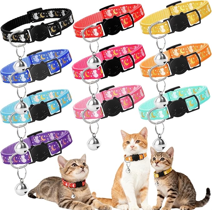 10PCS Breakaway Cat Collars with Bell, Glow in The Dark Adjustable Kitten Collars with Star Moon Pendant, 10 Color Cute Kitty Collars for Girl Boy Cats Pet Accessories
