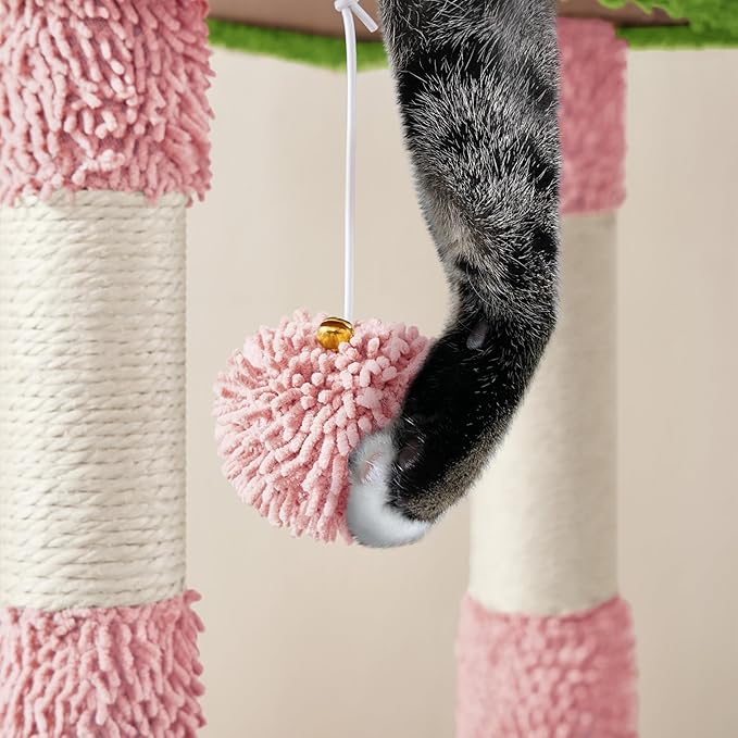 Yaheetech Cactus Cat Tree, 42in Cat Tower for Indoor Cats, Multi Level Kitten Condo Scratching Post, Pet Activity Center Furniture w/Ball, Plush Perch, Platform, Basket, Pink/Green